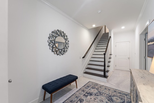 1807 Ashland St, Houston, TX 77008 - stairway with crown molding, baseboards, and recessed lighting