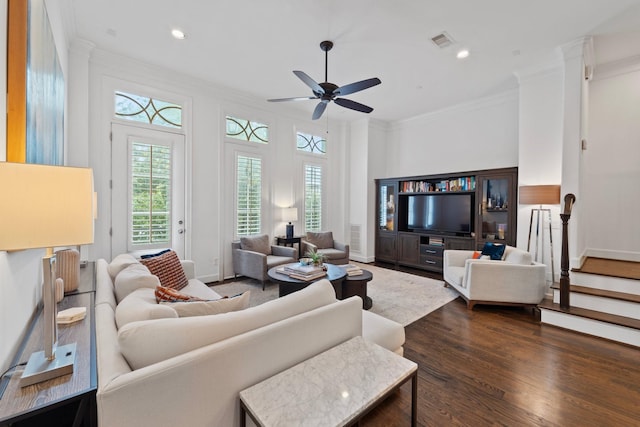 1807 Ashland St, Houston, TX 77008 - living area with crown molding, dark wood finished floors, ceiling fan, recessed lighting, and baseboards