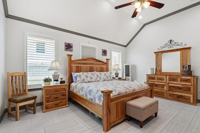 106 Comal Dr, Baytown, TX 77523 - bedroom featuring vaulted ceiling, ornamental molding, and ceiling fan