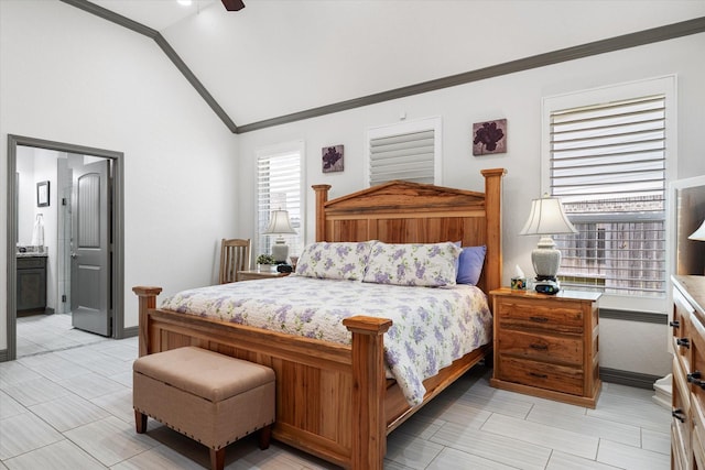 106 Comal Dr, Baytown, TX 77523 - bedroom featuring vaulted ceiling, baseboards, crown molding, ensuite bath, and a ceiling fan