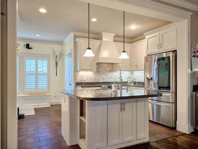 228 E Woodland St, Houston, TX 77009 - kitchen featuring stainless steel fridge with ice dispenser, custom range hood, white cabinetry, dark wood-style flooring, and ornamental molding