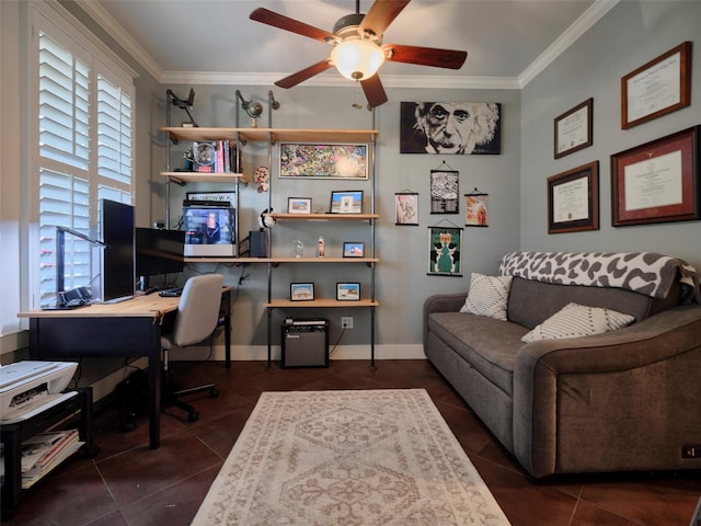 228 E Woodland St, Houston, TX 77009 - office with dark tile patterned floors, a ceiling fan, ornamental molding, and baseboards