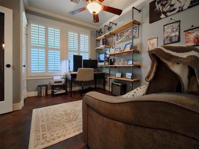 228 E Woodland St, Houston, TX 77009 - office with crown molding, ceiling fan, and baseboards