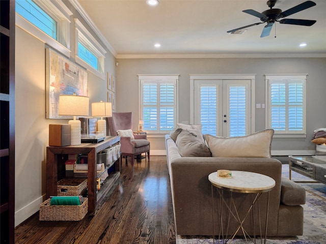 228 E Woodland St, Houston, TX 77009 - living area with baseboards, ornamental molding, dark wood-type flooring, recessed lighting, and a ceiling fan