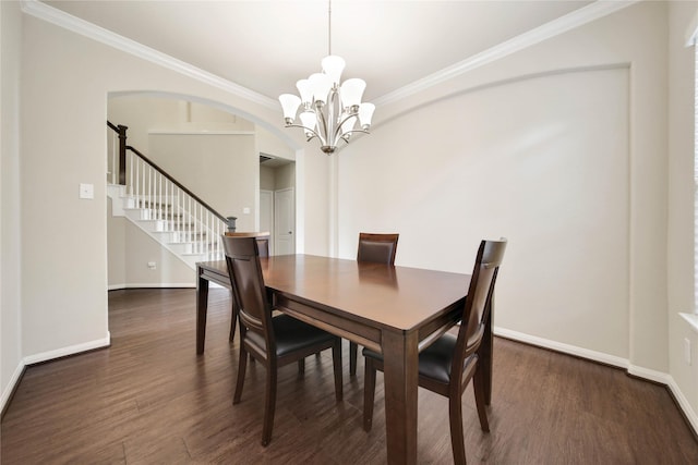2635 Cedar Path Ln, Conroe, TX 77385 - dining room featuring a chandelier, wood finished floors, baseboards, crown molding, and stairway
