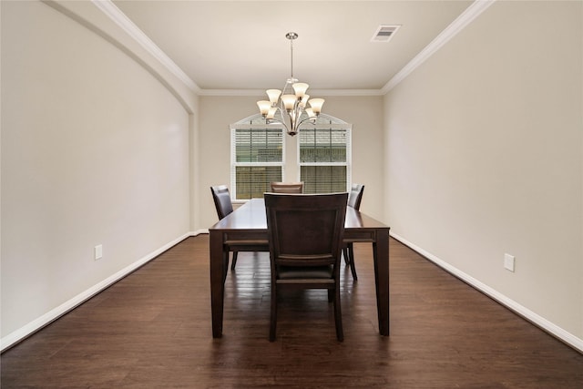 2635 Cedar Path Ln, Conroe, TX 77385 - dining room featuring a chandelier, crown molding, dark wood-style flooring, and baseboards