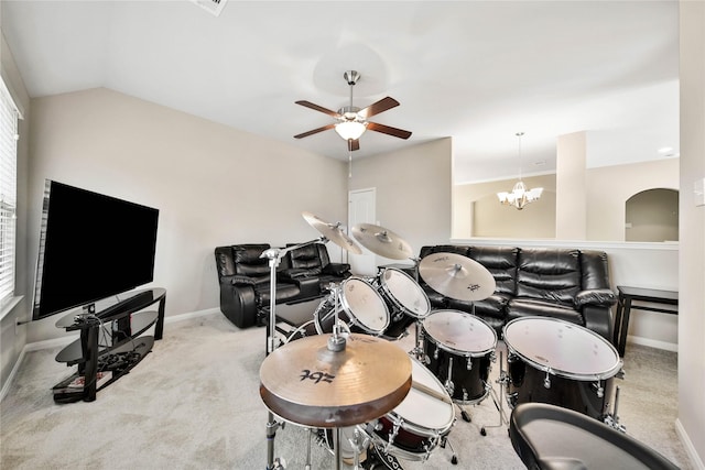 2635 Cedar Path Ln, Conroe, TX 77385 - rec room with baseboards, ceiling fan, carpet, and a chandelier