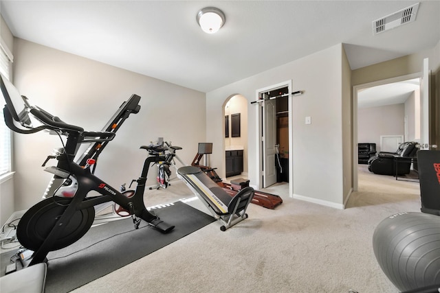 2635 Cedar Path Ln, Conroe, TX 77385 - exercise room with arched walkways, carpet, and baseboards