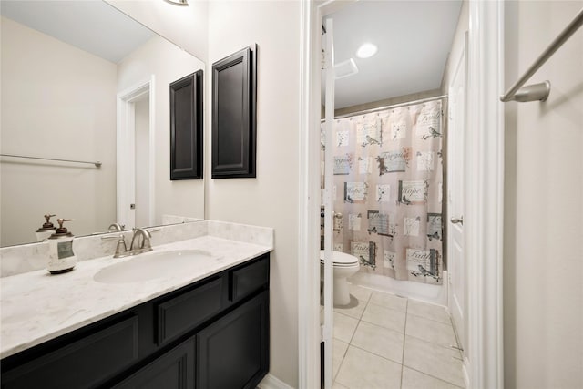 2635 Cedar Path Ln, Conroe, TX 77385 - bathroom with vanity, toilet, tile patterned floors, and shower / bath combination with curtain