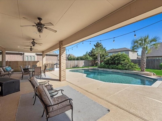 20326 Scarlett Saddle Ct, Cypress, TX 77433 - view of pool with a patio, a fenced backyard, and ceiling fan