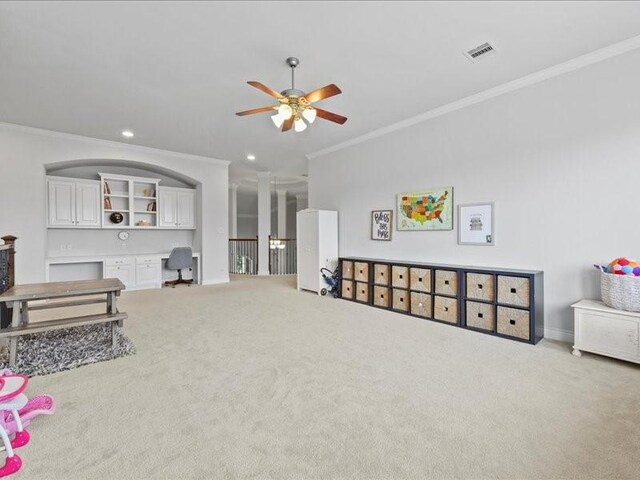 20326 Scarlett Saddle Ct, Cypress, TX 77433 - carpeted living area featuring ornamental molding, a ceiling fan, and recessed lighting