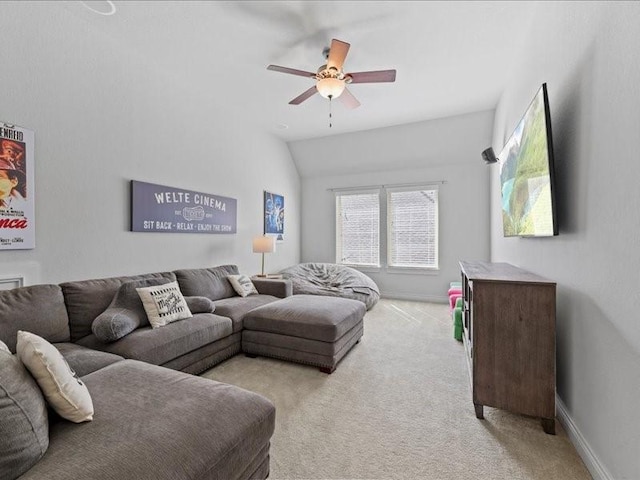 20326 Scarlett Saddle Ct, Cypress, TX 77433 - living room with light colored carpet, ceiling fan, vaulted ceiling, and baseboards