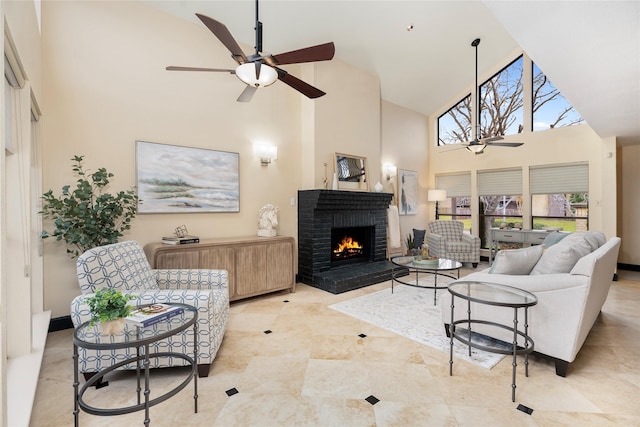 18138 Bal Harbour Dr, Houston, TX 77058 - living area with high vaulted ceiling, a ceiling fan, and a brick fireplace