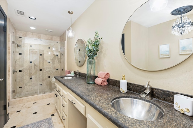 18138 Bal Harbour Dr, Houston, TX 77058 - bathroom featuring double vanity, a stall shower, tile patterned floors, and recessed lighting