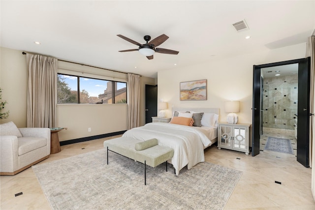 18138 Bal Harbour Dr, Houston, TX 77058 - bedroom with light tile patterned floors, recessed lighting, ceiling fan, ensuite bathroom, and baseboards