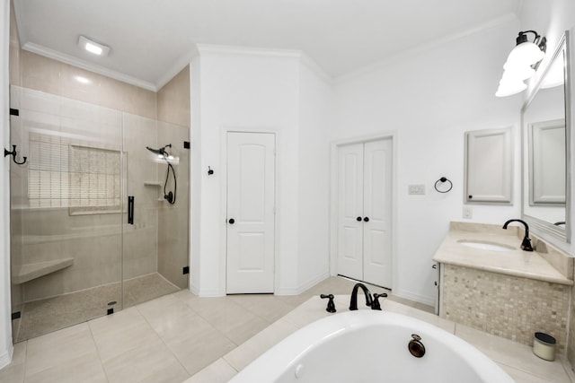 3507 Antelope Creek Ln, Katy, TX 77494 - bathroom featuring a stall shower, a whirlpool tub, ornamental molding, vanity, and tile patterned flooring