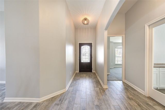 21811 Blossom Grove Ln, Spring, TX 77379 - entryway featuring wood finished floors, arched walkways, and baseboards