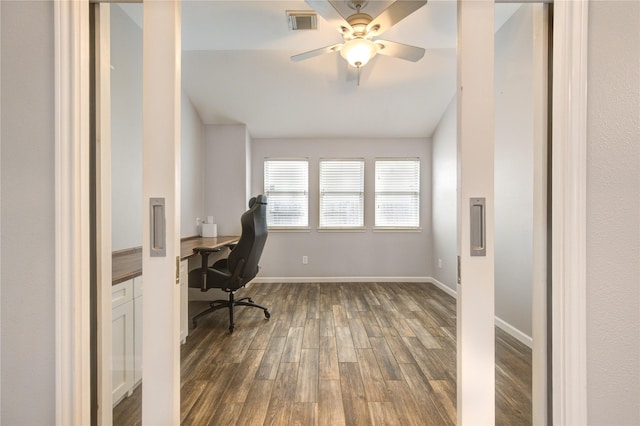 21811 Blossom Grove Ln, Spring, TX 77379 - home office featuring dark wood finished floors, a ceiling fan, baseboards, and lofted ceiling