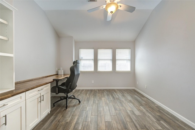 21811 Blossom Grove Ln, Spring, TX 77379 - office with vaulted ceiling, wood finished floors, ceiling fan, and baseboards