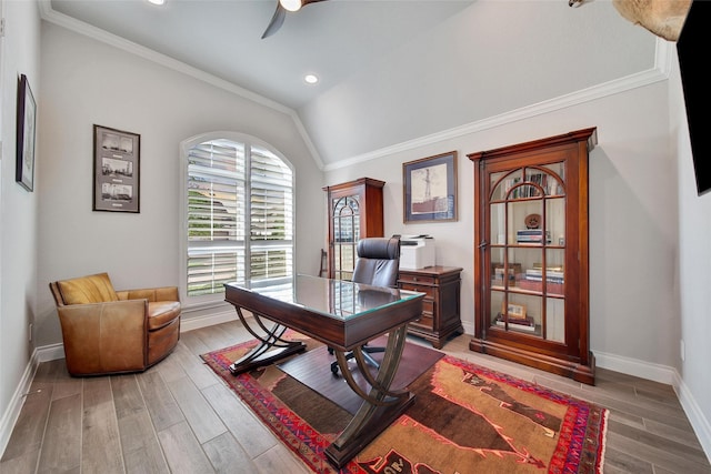 7118 Kinglet Ct, Katy, TX 77493 - office space with ceiling fan, baseboards, vaulted ceiling, light wood finished floors, and crown molding