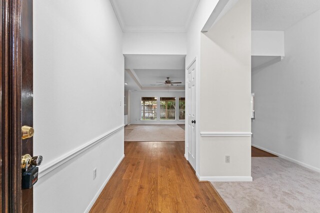 6119 Plantation Bay Dr, Katy, TX 77449 - corridor featuring crown molding, baseboards, wood finished floors, and a raised ceiling