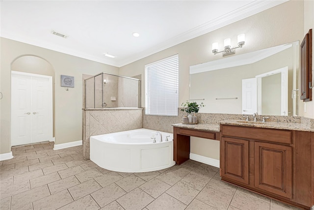 3730 Arundel Gardens Ln, Sugar Land, TX 77498 - full bath with a shower stall, vanity, a garden tub, ornamental molding, and tile patterned flooring