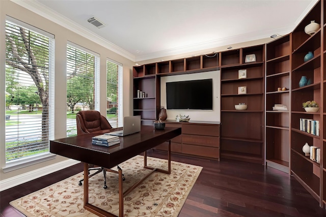 3730 Arundel Gardens Ln, Sugar Land, TX 77498 - office featuring ornamental molding and dark wood-type flooring