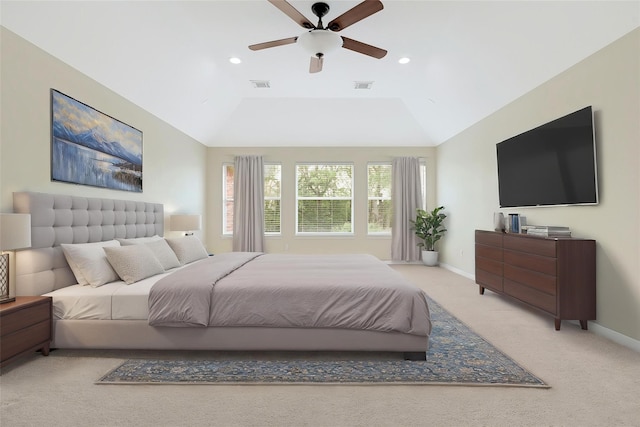 3730 Arundel Gardens Ln, Sugar Land, TX 77498 - bedroom with carpet, recessed lighting, baseboards, vaulted ceiling, and a ceiling fan