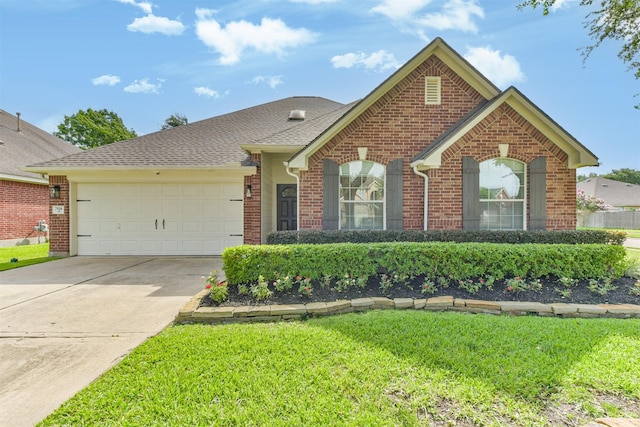 7518 Rain Meadow Ln, Cypress, TX 77433 - view of front of house featuring an attached garage, brick siding, driveway, and a front yard