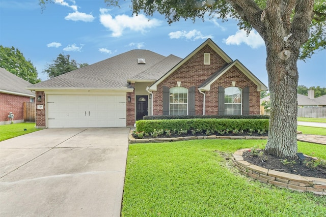 7518 Rain Meadow Ln, Cypress, TX 77433 - traditional-style house with brick siding, an attached garage, driveway, a front lawn, and roof with shingles