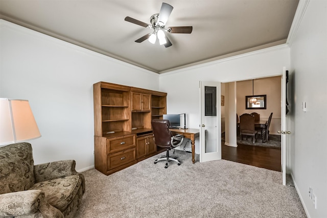 7518 Rain Meadow Ln, Cypress, TX 77433 - carpeted office featuring ceiling fan, ornamental molding, and baseboards