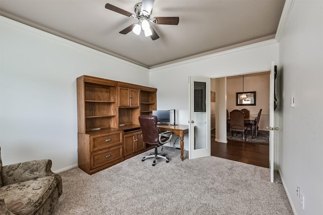 7518 Rain Meadow Ln, Cypress, TX 77433 - carpeted office space with crown molding, a ceiling fan, and baseboards