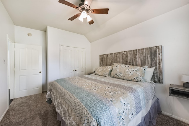 7518 Rain Meadow Ln, Cypress, TX 77433 - bedroom with carpet flooring, a closet, a ceiling fan, vaulted ceiling, and baseboards