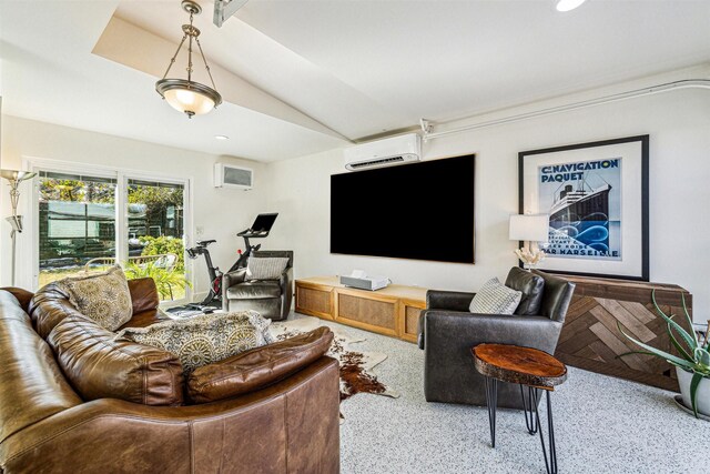 5231 Lamonte Ln, Houston, TX 77092 - living room featuring a wall mounted AC, lofted ceiling, and recessed lighting