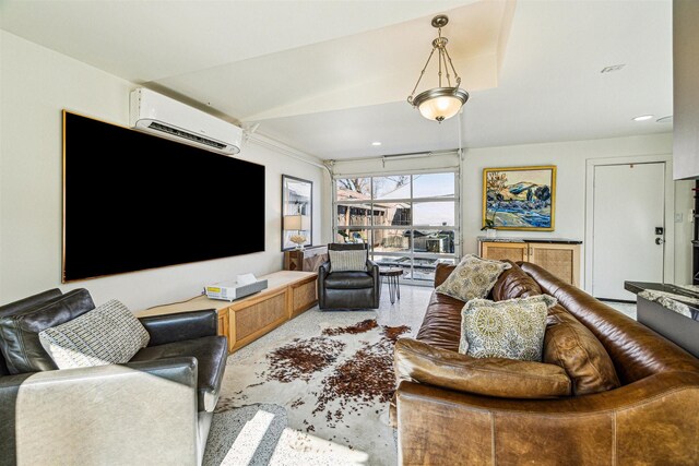 5231 Lamonte Ln, Houston, TX 77092 - carpeted living room featuring a wall mounted air conditioner and recessed lighting