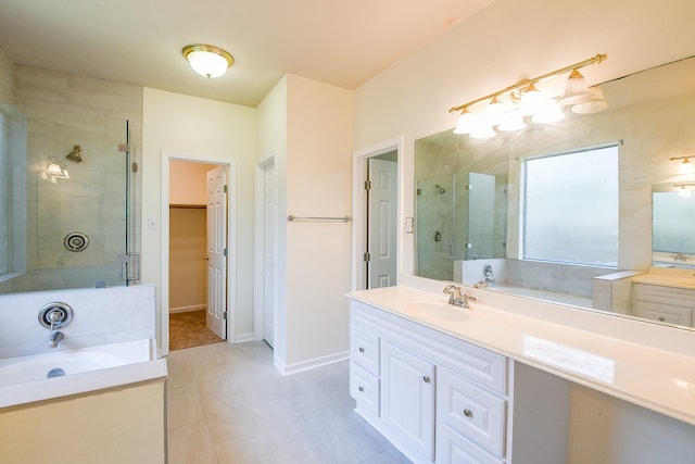 3550 Beacons Vw, Friendswood, TX 77546 - bathroom featuring a shower stall, vanity, a garden tub, and tile patterned floors