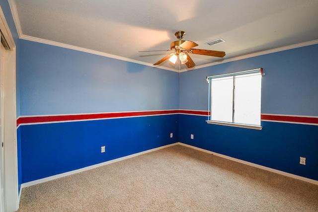 3550 Beacons Vw, Friendswood, TX 77546 - spare room featuring a ceiling fan, ornamental molding, carpet, and baseboards