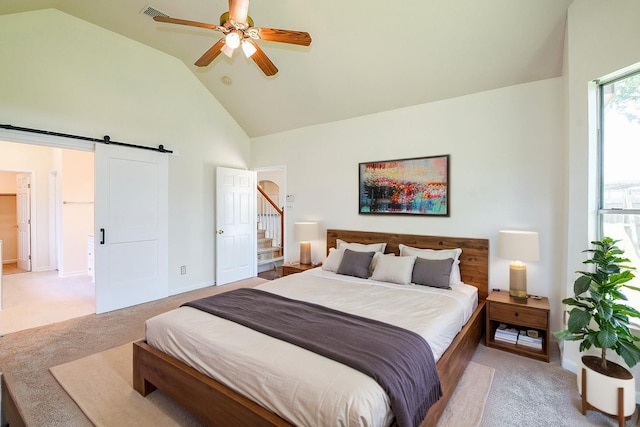 3550 Beacons Vw, Friendswood, TX 77546 - bedroom featuring light colored carpet, high vaulted ceiling, a barn door, baseboards, and a ceiling fan