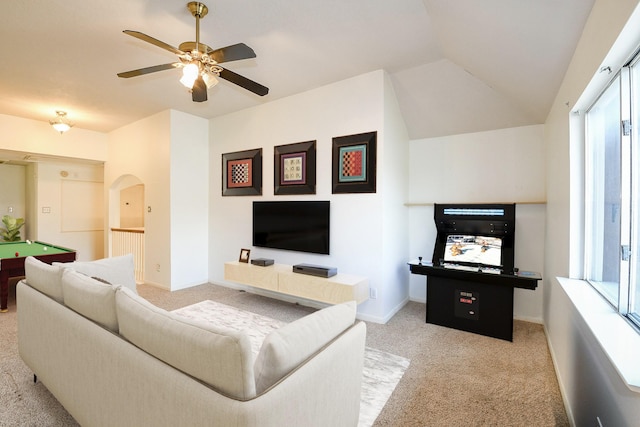 3550 Beacons Vw, Friendswood, TX 77546 - living room with carpet flooring, vaulted ceiling, ceiling fan, billiards table, and baseboards