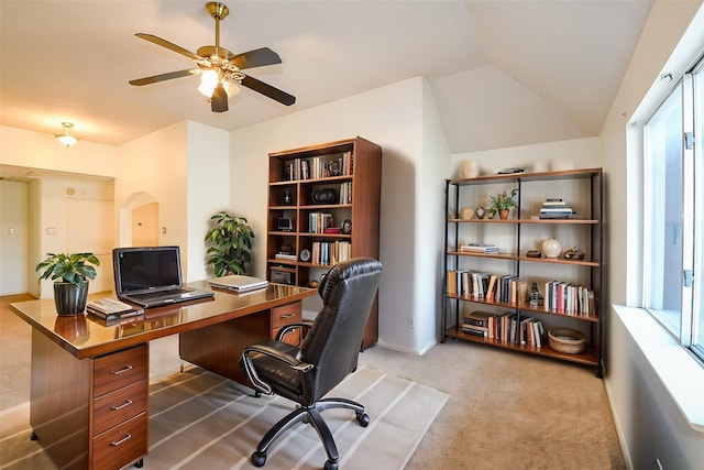 3550 Beacons Vw, Friendswood, TX 77546 - office area featuring carpet, a ceiling fan, and lofted ceiling
