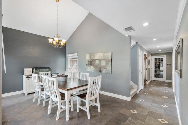 20107 Sunny Shores Dr, Humble, TX 77346 - dining space with baseboards, a chandelier, crown molding, recessed lighting, and vaulted ceiling