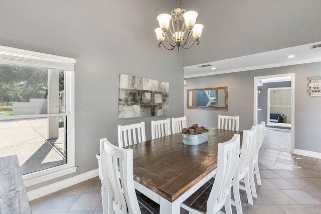 20107 Sunny Shores Dr, Humble, TX 77346 - tiled dining space featuring a chandelier, ornamental molding, baseboards, a high ceiling, and recessed lighting