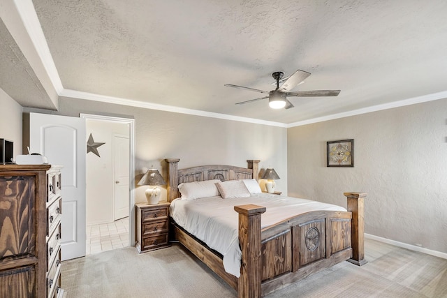 20107 Sunny Shores Dr, Humble, TX 77346 - bedroom featuring light carpet, a textured ceiling, baseboards, ornamental molding, and a ceiling fan