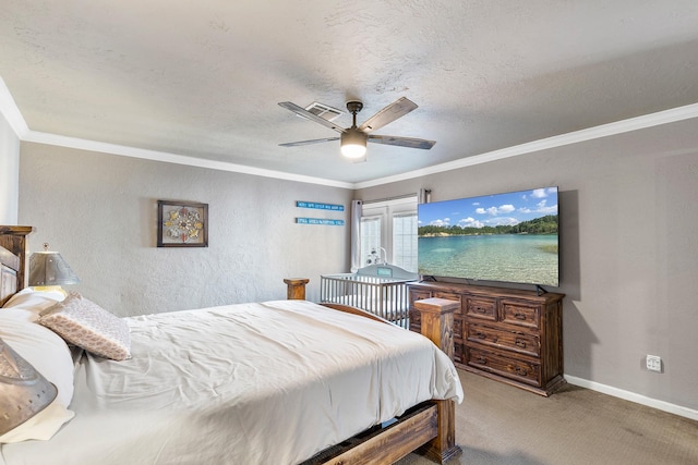 20107 Sunny Shores Dr, Humble, TX 77346 - bedroom with carpet flooring, crown molding, ceiling fan, a textured ceiling, and baseboards