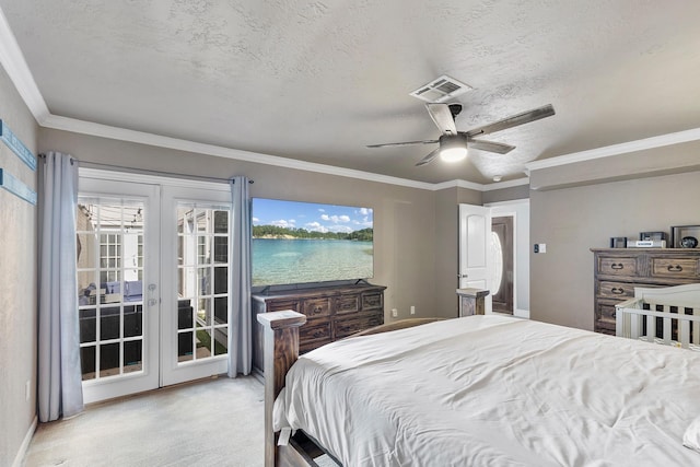 20107 Sunny Shores Dr, Humble, TX 77346 - carpeted bedroom featuring access to outside, a textured ceiling, ceiling fan, and crown molding