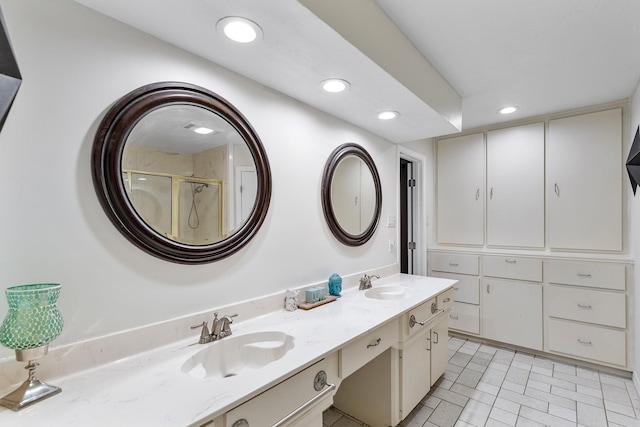 20107 Sunny Shores Dr, Humble, TX 77346 - full bath featuring recessed lighting, double vanity, an enclosed shower, and tile patterned floors