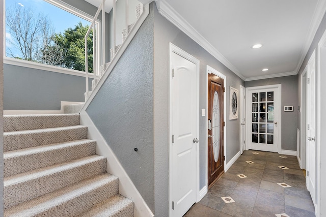 20107 Sunny Shores Dr, Humble, TX 77346 - staircase with ornamental molding, recessed lighting, baseboards, and tile patterned floors