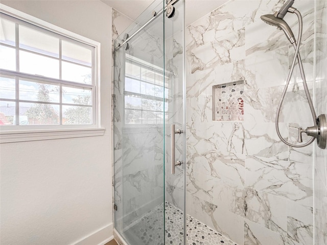 2302 Hewitt Dr, Houston, TX 77018 - full bathroom with a marble finish shower and baseboards