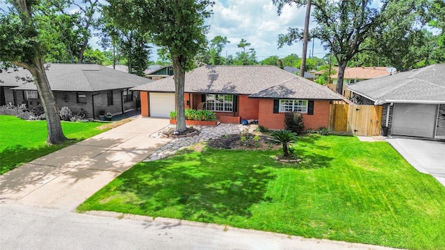 2302 Hewitt Dr, Houston, TX 77018 - ranch-style home featuring concrete driveway, brick siding, an attached garage, a gate, and a shingled roof