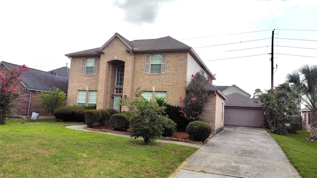 2534 Honeysuckle Walk, Spring, TX 77388 - traditional home featuring brick siding, a front lawn, a garage, and an outdoor structure